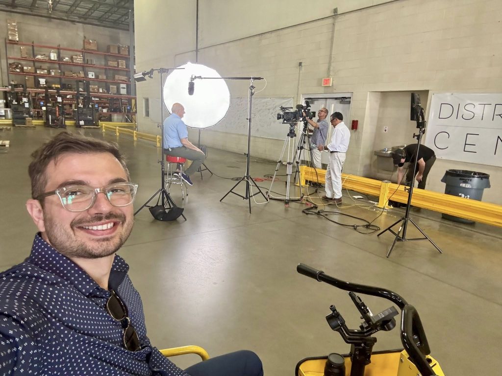 ideo production crew filming a brand legacy interview for Southern Pipe & Supply in Meridian, MS